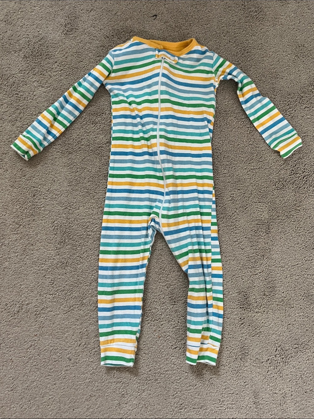 Striped Kids One-Piece Footless Pajamas - Yellow, Blue & Green